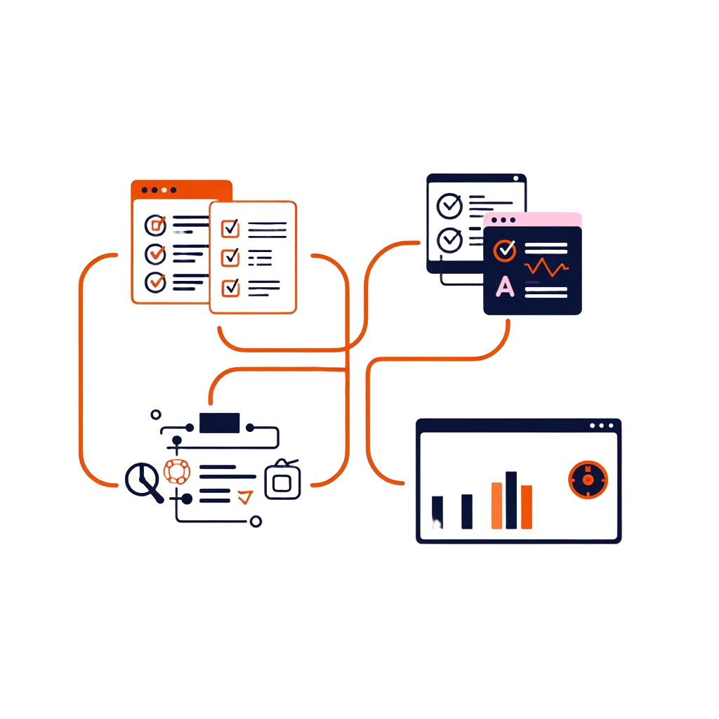 Ilustração de fluxo de avaliação automatizado: IA criando provas, correção e relatórios conectados